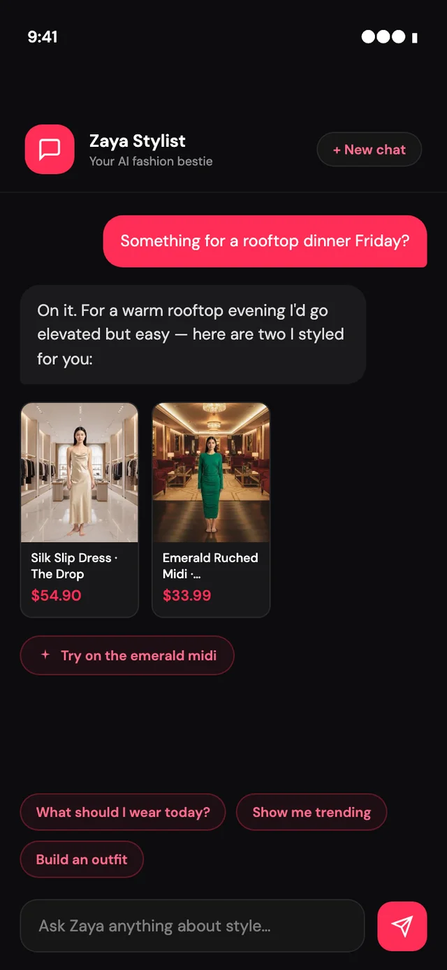 Ask Zaya — the AI stylist chat suggesting looks