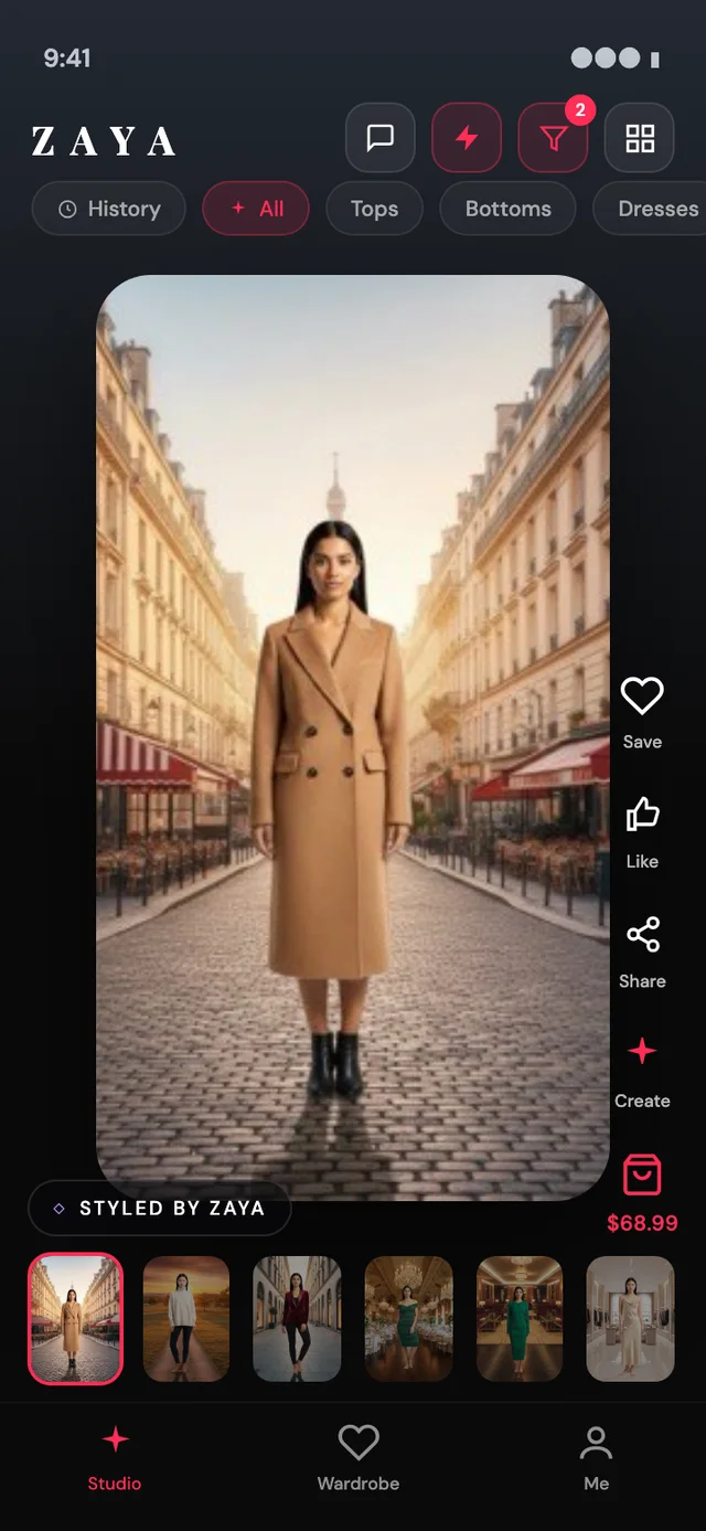 Zaya Studio — a personalized feed with a look rendered on your body